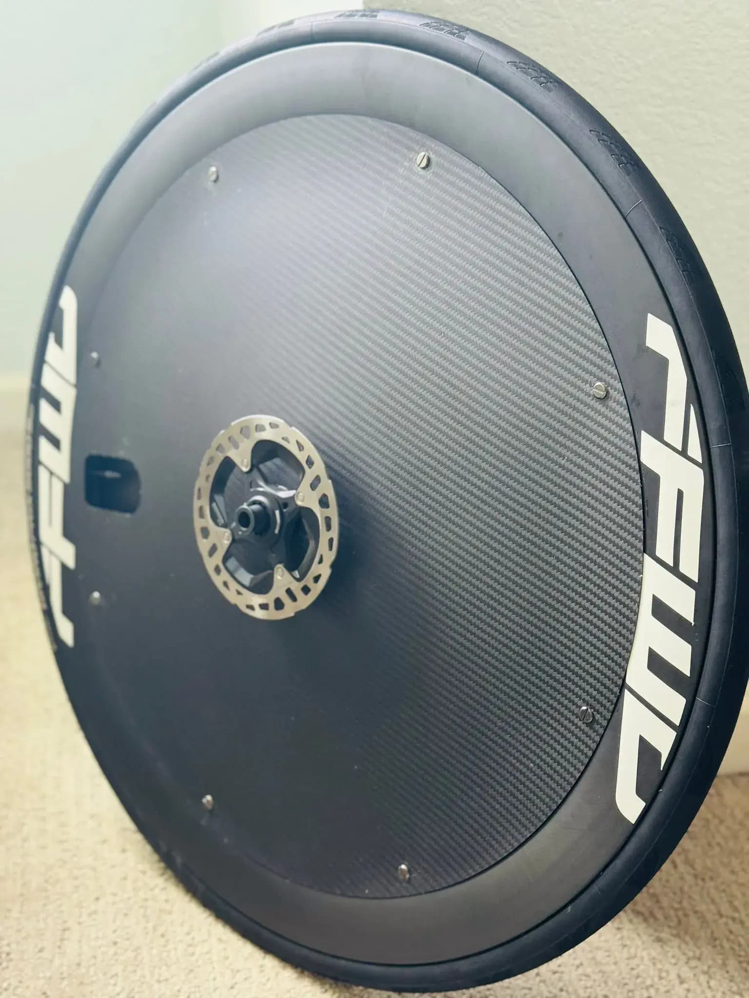 Custom cycling wheel cover with team graphics and branding detail.